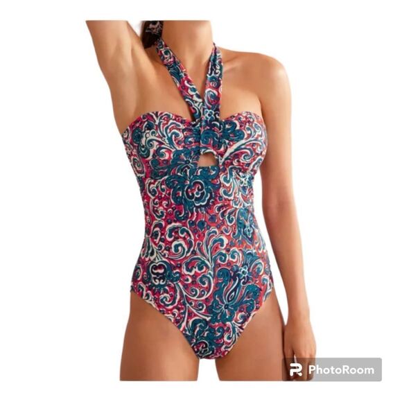 Boden Scarf One-Piece Bandeau Botanic Swimsuit, Dahlia Red/Botanic Sz‎ 2 Travel - Picture 1 of 11